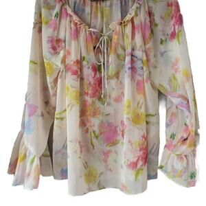 Womens Floral Top V-neck Ruffled Cottagecore Boho Fairy Couqette sheer sz S work